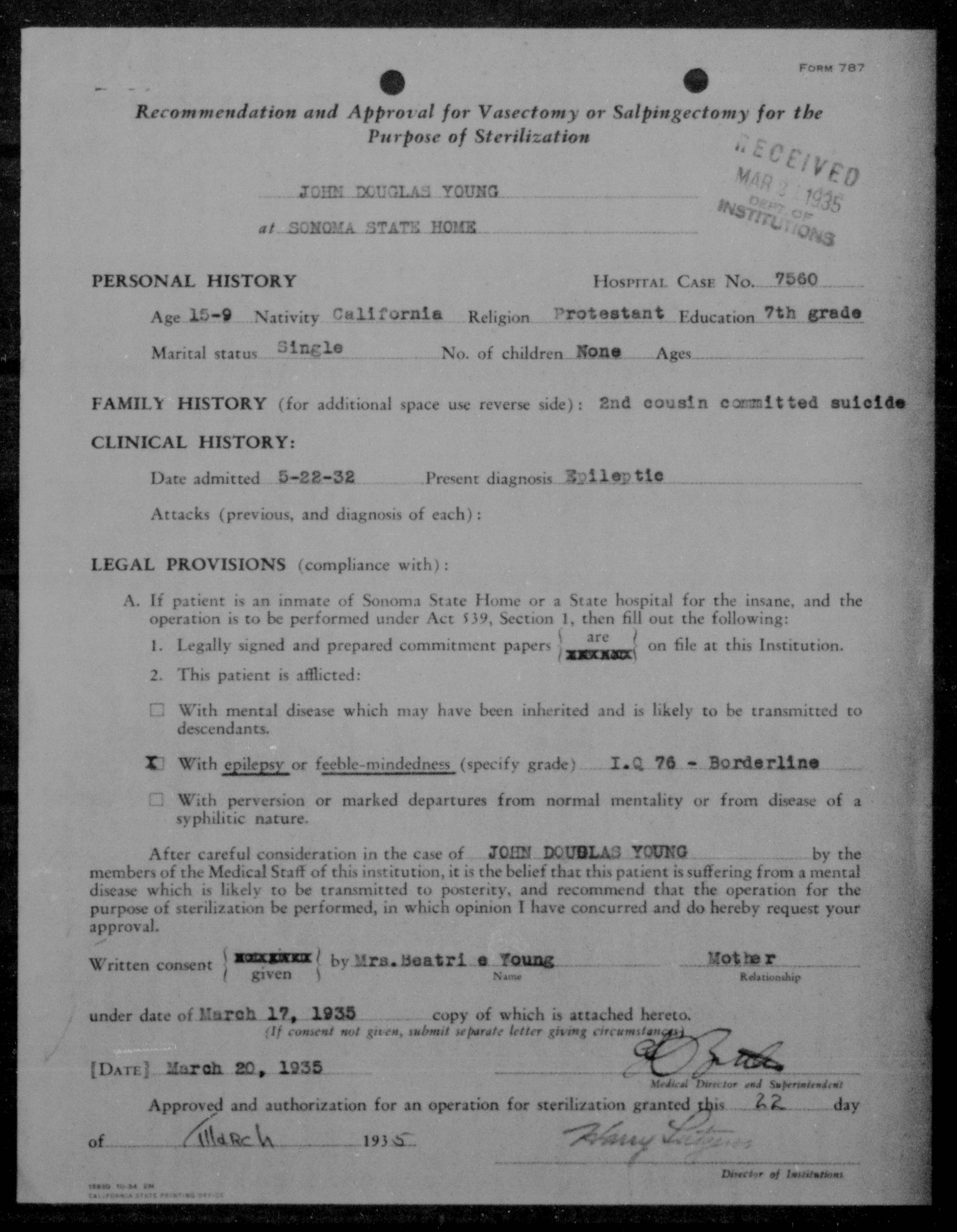 John Douglas Young's sterilization approval